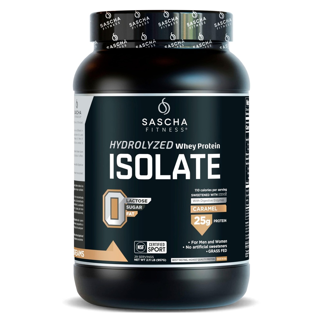 SASCHA FITNESS Isolé hydrolysé de protéines de lactosérum, 100 % gazonné (2,11 livres) (arôme de caramel)
