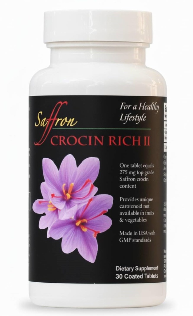 Crocin Rich II – 25 mg haute pureté Crocin, Key Safron actif – Fabriqué aux États-Unis – soutient la fonction conjointe, moteur et cognitive, confort sciatique, équilibre et clarté cérébrale – 30 comprimés