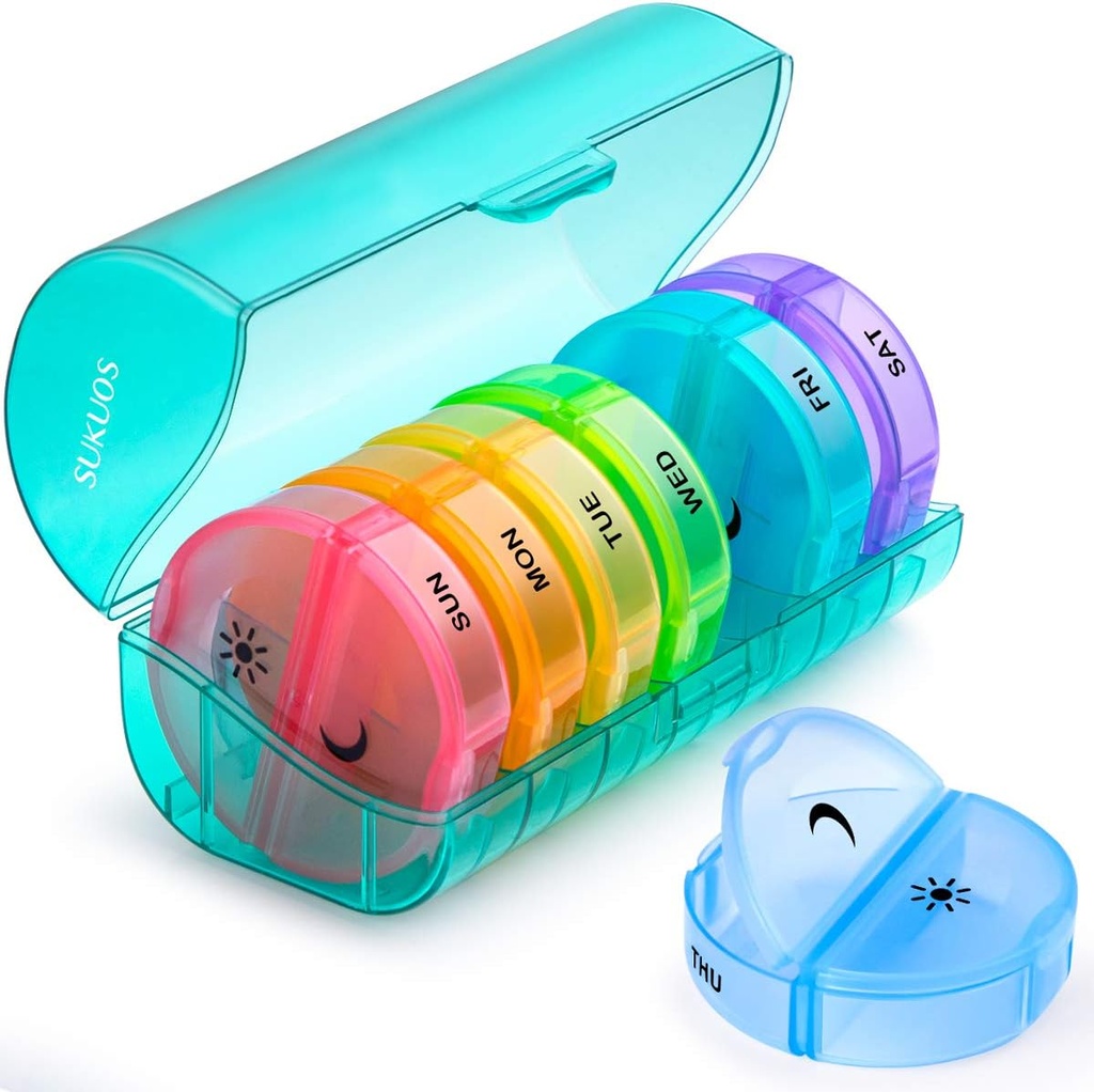 Sukuos Large Weekly Pill Organizer 2 fois par jour, Pill Box 7 jours Facile à ouvrir avec double protection, AM PM Pill Case pour la médecine/vitamine/huile de poisson/Suppléments (Cyan)