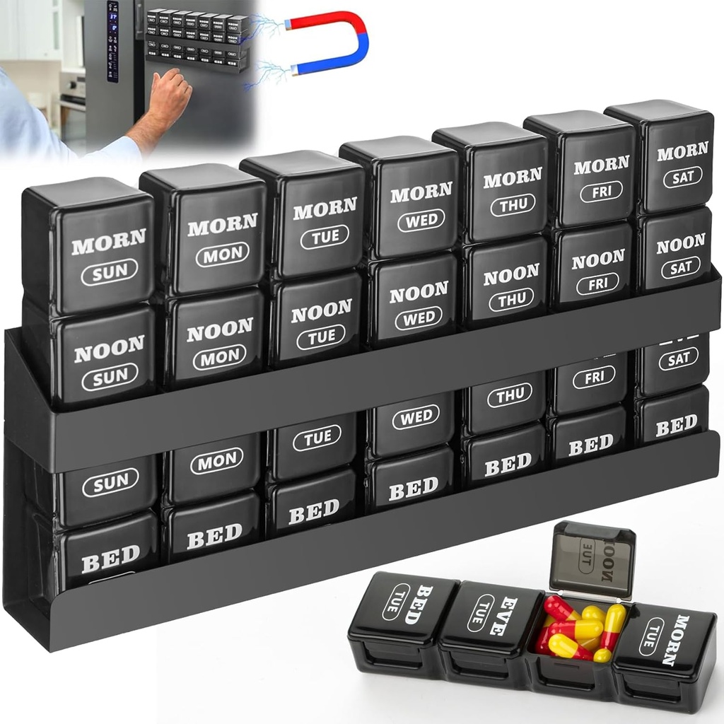 Pill Organizer 4-Times a Day: Weekly Pill Box 7 Day with Magnetic Shelf - Large Compartments Pill Case - Removable Medication Organizer Dispenser for Fish Oils Vitamin Holder Supplement (Black)