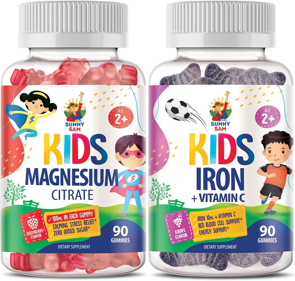 SUNNY SAM Gommies de fer pour les enfants et Gommies de magnésium pour les enfants et les adultes - 100mg - Chèques de magnésium calme