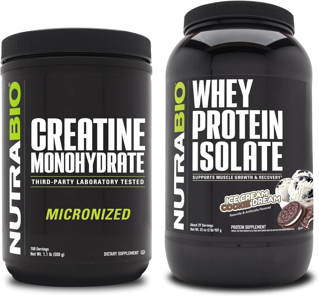 NutraBio Créatine monohydratée, non aromatisée, Isolée de protéines de 500g et de lactosérum, Rêve de biscuits à la crème glacée, supplément - énergie musculaire, croissance musculaire maigre, récupération et force