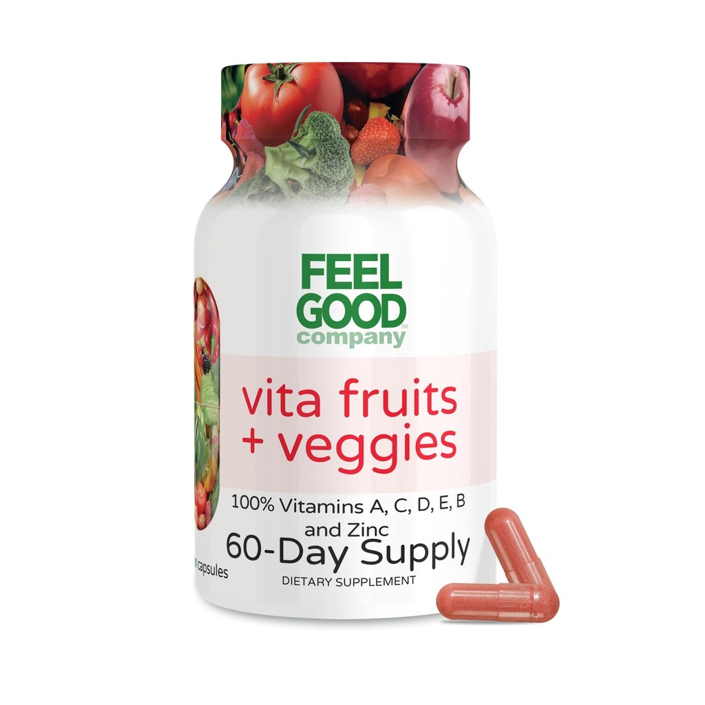 FeelGood Superfoods Vita Fruits et légumes Capsules - 25 Superfood Ingrédients, Fruits et légumes Multivitamine, 60 Compte - Pour les hommes et les femmes - Vitamines A, C, D, E, B et Zinc