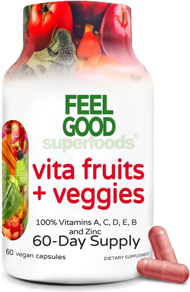 FeelGood Superfoods Vita Fruits et légumes Capsules - 25 Superfood Ingrédients, Fruits et légumes Multivitamine, 60 Compte - Pour les hommes et les femmes - Vitamines A, C, D, E, B et Zinc