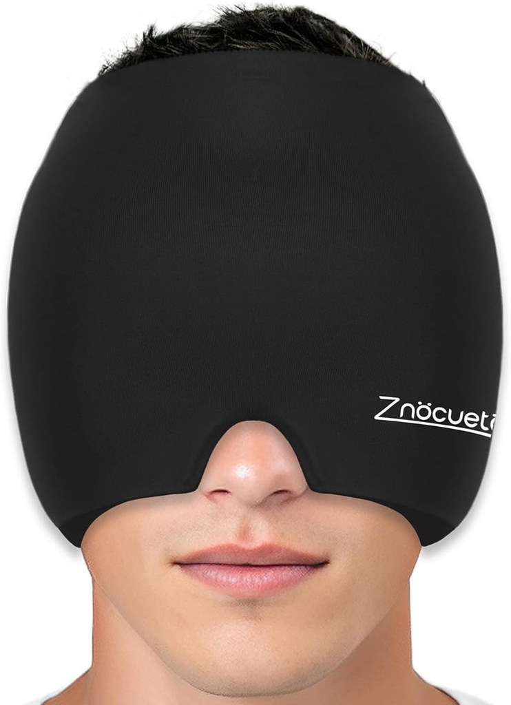 ZNÖCUETÖD Migraine Casquette de soulagement des maux de tête Tête pleine Ice Pack Wrap Gel de refroidissement Bonnet de glace Bouchon de compression chaud/froid pour le sinus, le stress, la gueule de bois Mal de douleur - Réutilisable Hommes Femmes, Noir, Taille M