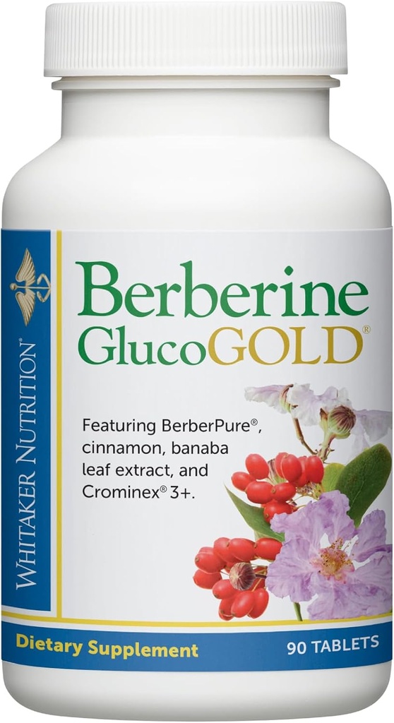 Dr WhitakerS Supplément de GlucoGold Berberine avec 1500 mg par jour de BerberPure Berberine, de cannelle concentrée, de Cromium Cromex et d'extrait de feuille de Banaba (90 comprimés)