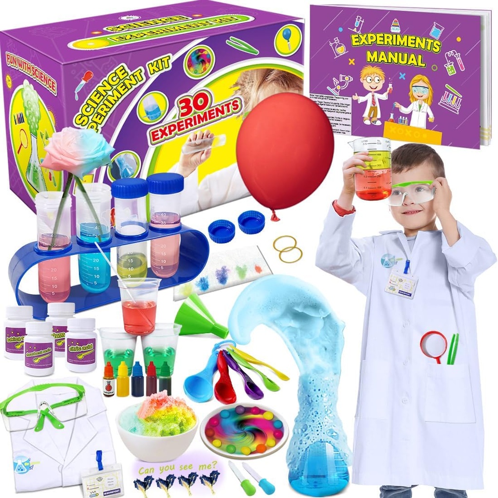 UNGLINGA 30 Expériences Kit de science pour les enfants avec manteau de labo, Set de chimie Jouets STEM Cadeaux d'anniversaire pour les garçons filles, Costume scientifique Outils de jeu de rôle Educational Learning Set