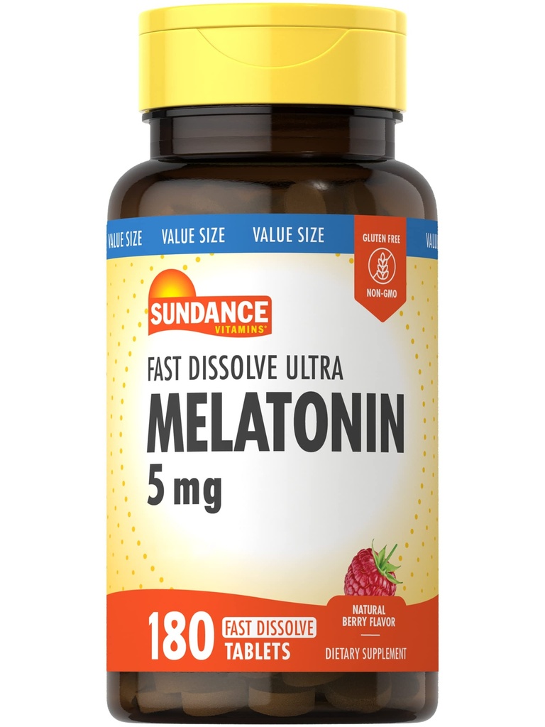 Sundance Melatonin 5mg Comprimés (comprimés) 180 Nombre de végétariens (désolation rapide) Flaveur de baies naturelles (végétarien, sans OGM et sans gluten)