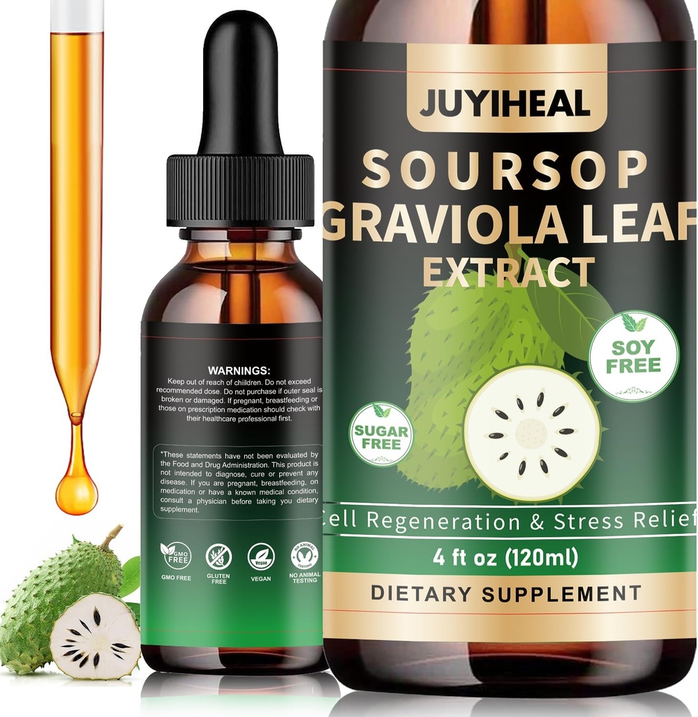 4 Fl Oz Soursop Graviola goutte liquide pour le soutien cellulaire, Immune Boost, Soursop Bitters Liquide, Feuilles Soursop, Soursop gouttes multivitamines, Bonté à base de plantes, Sans sucre/Gluten, Saveur naturelle