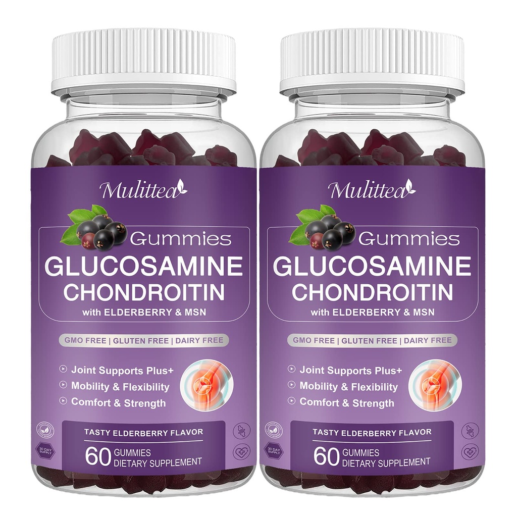Mulittea Glucosamine Chondroitin Gummies - Supplément de soutien conjoint extra-fort avec MSM & Elderberry pour le soutien immunitaire naturel articulaire, antioxydant pour adultes, hommes et femmes-(2 Pack)