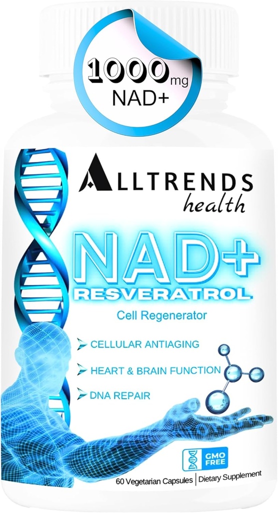 ALLTRENDS Santé Supplément NAD 1000mg.Résvératrol 500mg.TMG Triméthylglycine 500mg.Vitamines pour la régénération cellulaire, le coeur et le cerveau Fonction, réparation de l'ADN, longévité, énergie et stress oxydatif.