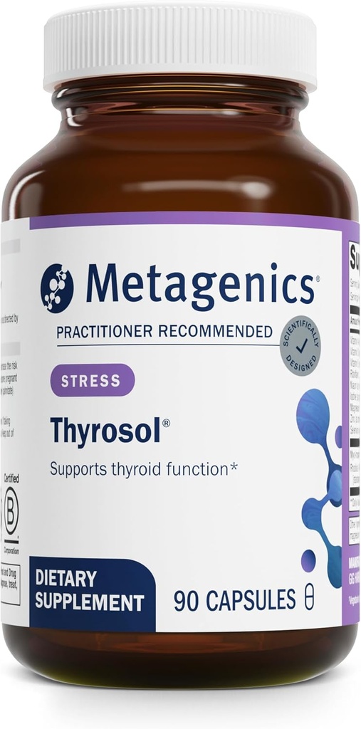 Thyrosol métagénique - Supplément Vitamine et Minéral pour le soutien de la thyroïde saine et Fatigue liée au stress* - avec extrait de zinc, de sélénium et de rhizoe - 90 capsules
