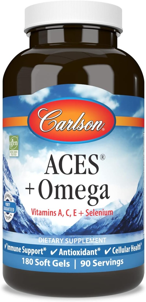 Carlson - ACES + Omega, Vitamines A, C, E & Sélénium + Omega-3s EPA et DHA, Soutien à la santé, 180 Softgels