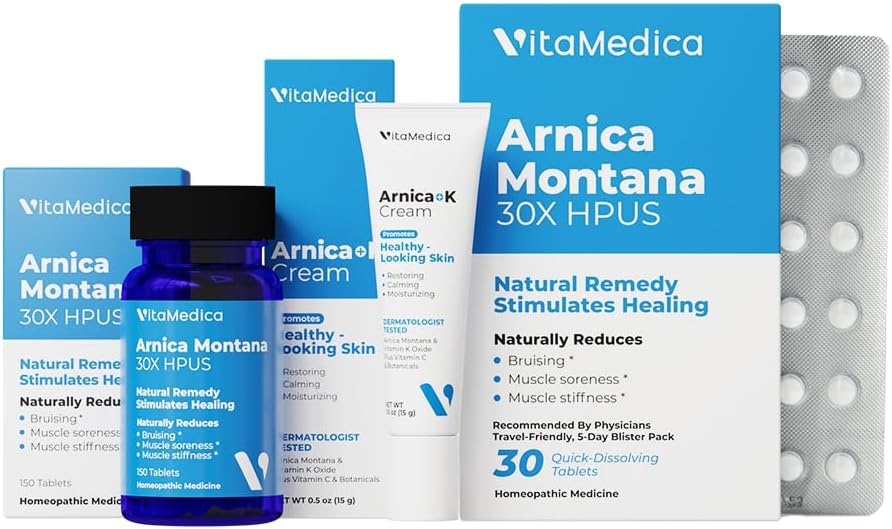 Crème d'Arnica & Vitamine K + Arnica Montana 30X (Bottle & Blister Pack) Ensemble pour Bruiser, gonfler, inflammation et soulager la douleur