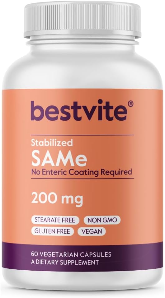 BESTVITE SAM-e 200mg Stabilisé (60 gélules végétariennes) - Forme de gélule facile à avaler - Pas de manteau entérique nécessaire - Pas de dioxyde de titane - Pas de stéarate - Vegan - Non OGM - Sans gluten