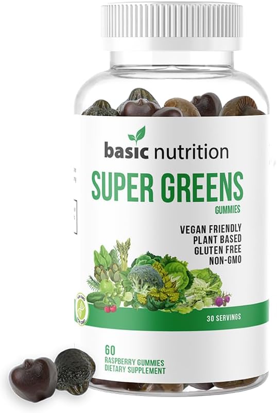 SuperGreens Blended Gummies with Essential Vitamins | Natural Raspberry Flavor | Supports Digestive, Liver & Immune Functions | Non-GMO Plant-Based, Vegan, Gluten-Free & Gelatin Free