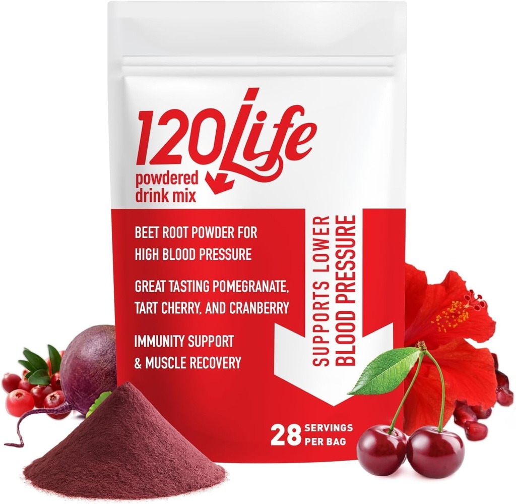 120LIFE Soutien de la pression artérielle, mélange de poudre de betterave naturelle avec poudre de grenade, supplément de canneberge, cerise de tart, Hibiscus et magnésium (28 portions) - Sans gluten, végétalien
