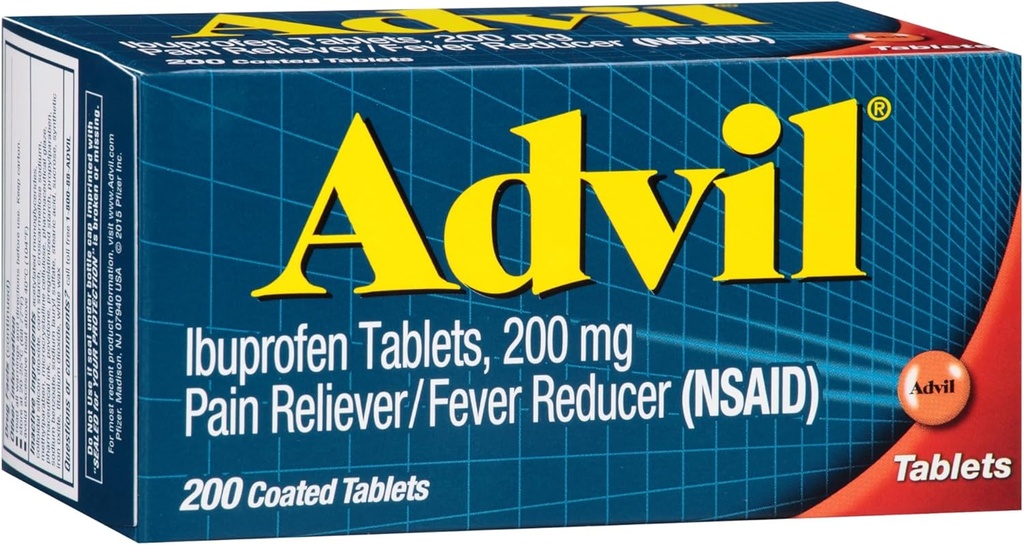 Réducteur de douleur advil et réducteur de fièvre, anti-douleur avec Ibuprofène 200 mg pour les maux de tête, les maux de dos, les douleurs menstruelles et les douleurs articulaires - 200 comprimés enduits