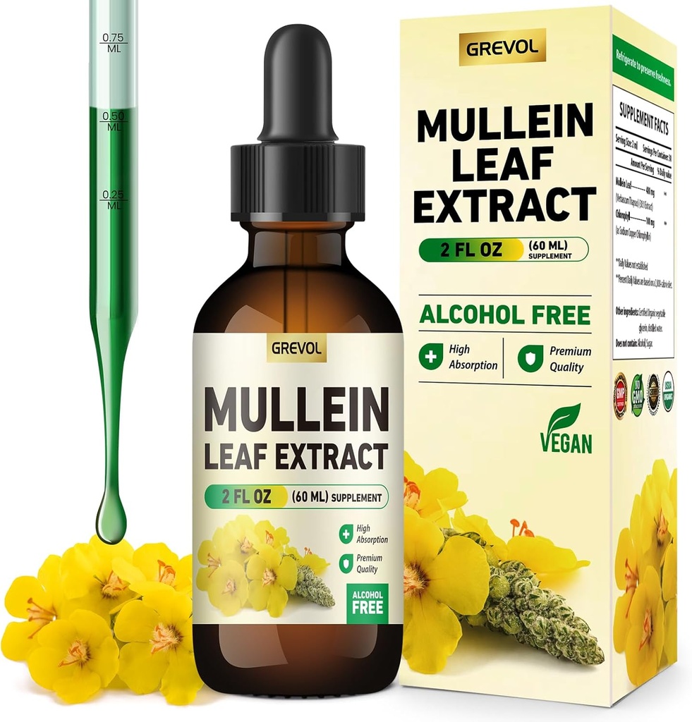 Gouttes de Mullein pour les poumons Supplément: Feuille organique de Mullein 30:1 Teinture d'extrait avec de la chlorophylle - Supplément à base de plantes Soutien Nettoyage pulmonaire et fonction respiratoire - Non-OGM, Vegan - 2 Fl Oz