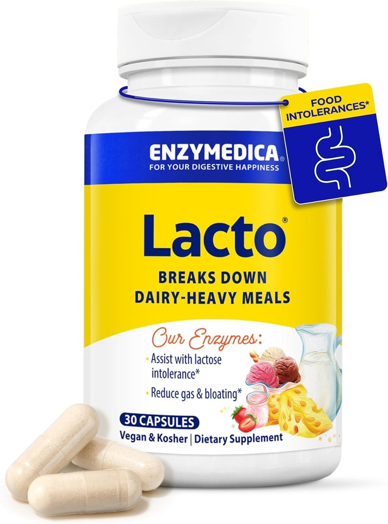 Enzymedica Lacto, pilules Lactase avancées pour le soutien des produits laitiers, aide à briser la lactose, la caséine et les graisses, pilules de soulagement des produits laitiers, végétalien, 30 capsules