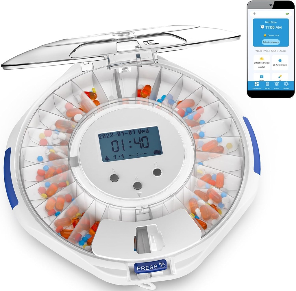 Adamson TimelyMed distributeur de pilules intelligentes avec alarme - WiFi App Monitoring - 28 jours distributeur de médicaments pour les personnes âgées et les soins d'Alzheimer - automatique avec clé de verrouillage - nouvelle version