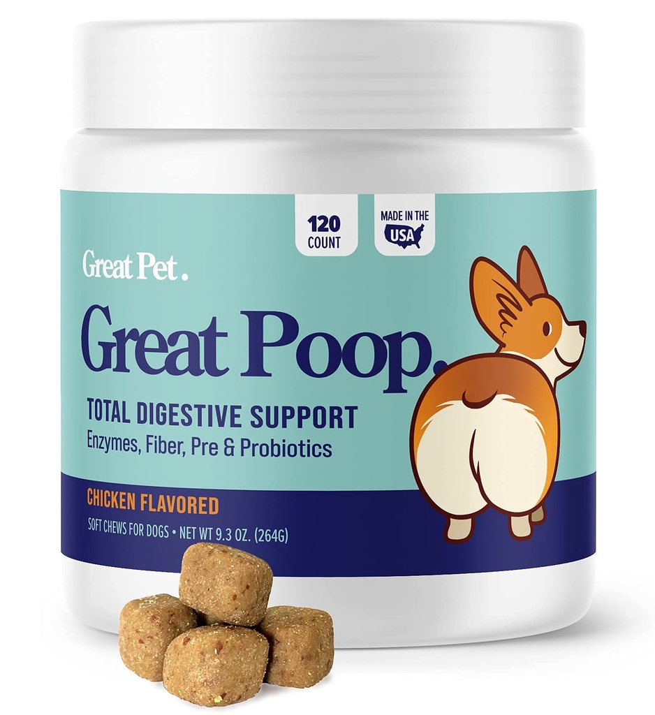 Great Poop Probiotiques pour chiens - Supplément en fibre pour chiens avec probiotiques pour chiens et enzymes digestives pour un Gut sain, ferme tabouret et soulagement de la diarrhée - Poulet aromatisé animal moelleux avec prébiotiques