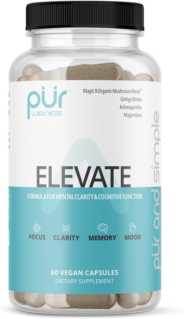 PUR Wellness Elevate Nootropic Cerveau Complement for Focus Clarity Memory Mood, 8 Mushroom Blend, Ginkgo Biloba, Ashwagandha, Magnésium for Natural Energy, sans caféine pour la concentration
