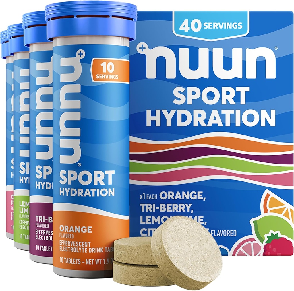 Tablettes électrolytiques Nuun Sport avec Magnésium, Calcium, Potassium, Chlorure et sodium, Sans gluten et végétalien, Arômes mélangés, 4 Pack (40 portions Total)