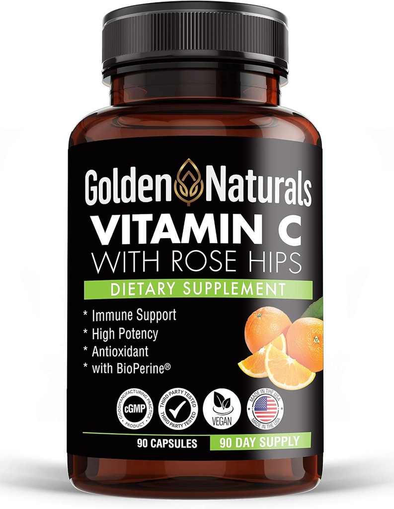 Golden Naturals Vitamin C with All Natural Rose HIPS, 1000mg, Immune Boosting Support and Powerful Antioxidant, High Absorption with BioPerine, Improve Skin Health, 90 Capsules