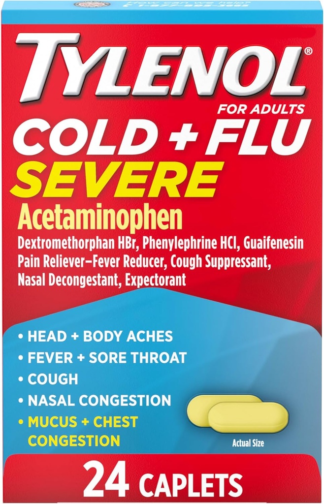 Tylenol Cold + Grippe Médicaments sévères Caplets pour la fièvre, la douleur, la toux et la congestion, 24 ct.