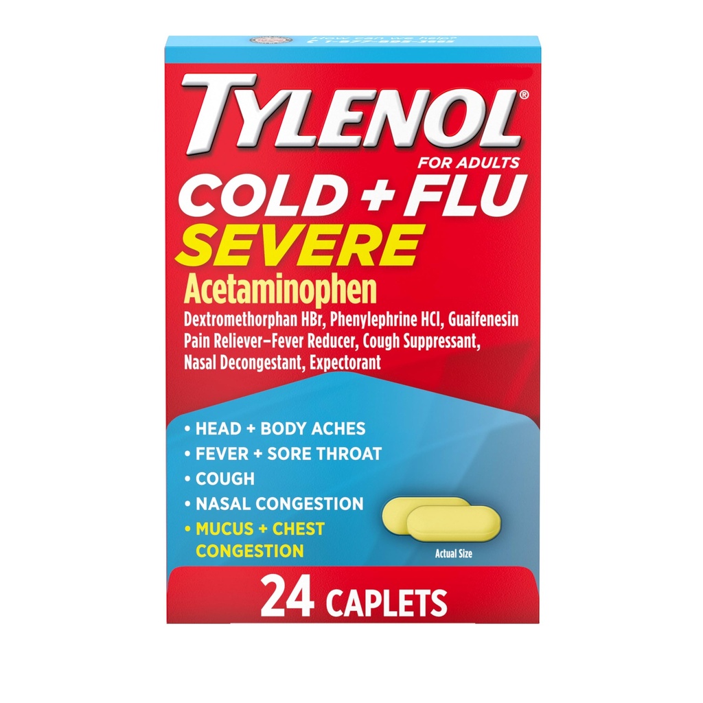 Tylenol Cold + Grippe Médicaments sévères Caplets pour la fièvre, la douleur, la toux et la congestion, 24 ct.