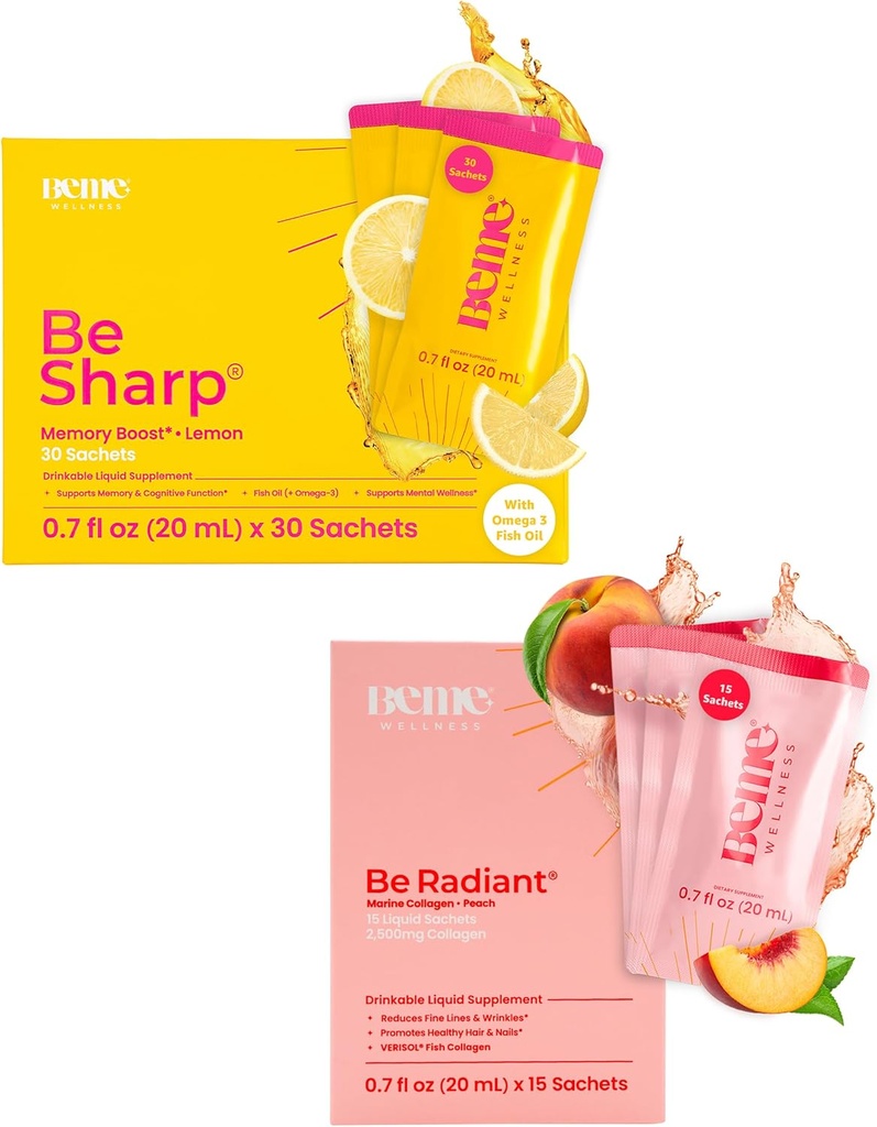 BeMe BeSharp & BeRadiant Peach Bundle - Suppléments pour boissons oméga-3 et collagène liquides