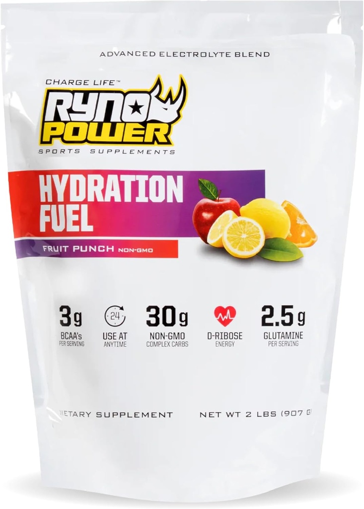 Ryno Puissance Hydratation Combustible Electrolyte Mélange de boissons 2 lb (20 portions) 'Fruit Punch' - Formule d'électrolyte avancée + BCAA - Sans gluten - Récupération d'énergie soutenue et de muscles