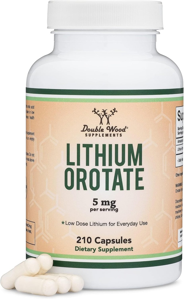 Lithium Orotate 5mg of Elemental Lithium for Cognition and Brain Health, 210 Capsules (Third Party Tested, Vegan Safe, Non-GMO) by Double Wood Supplements