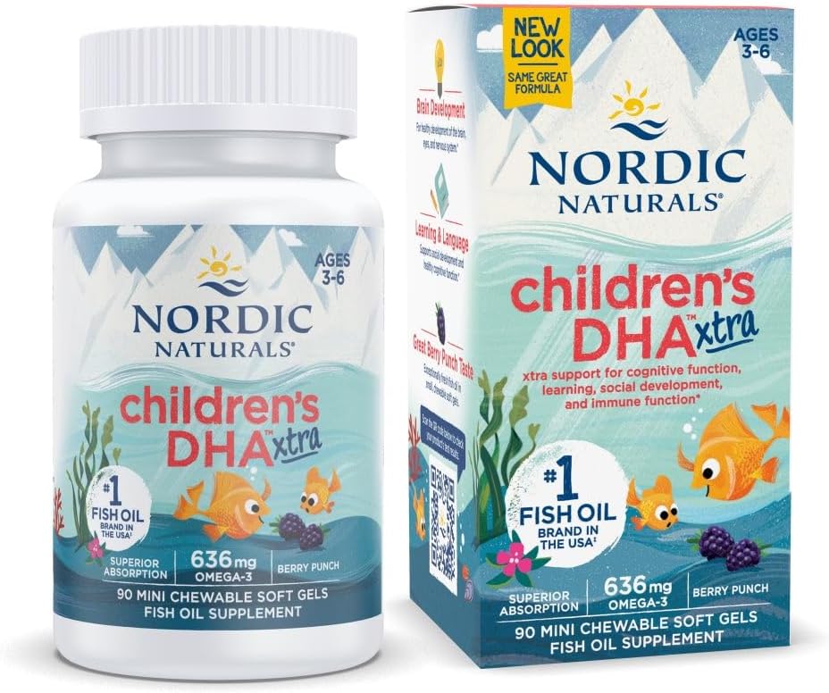 Nordic Naturals Enfants DHA Xtra, Berry Punch - 90 Mini Gels Soft Chewable pour les enfants - 636 mg Omega-3s EPA & DHA - Fonction cognitive et immunitaire, apprentissage, développement social - Non-OGM - 30 portions