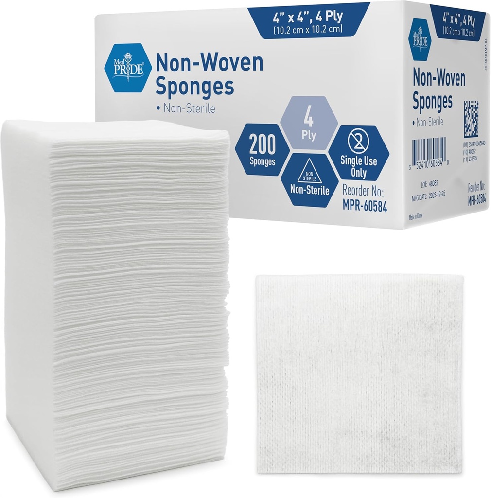 MED PRIDE Éponges chirurgicales non tissées non stériles 200 Pack, 4in X 4in 4-Ply Gauze Pads pour les soins de première nécessité