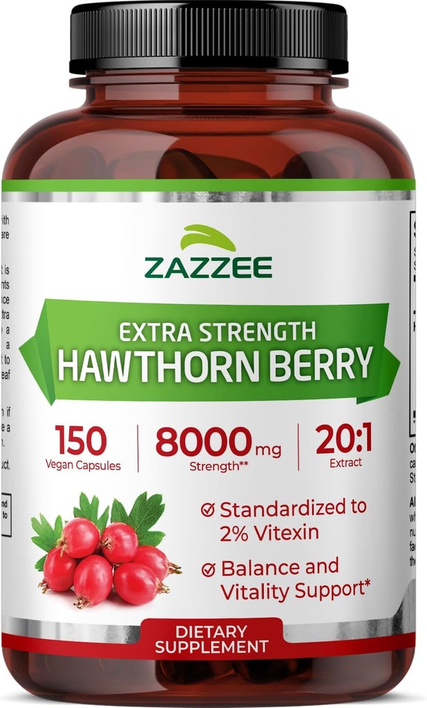 Zazzee Extra Strength Hawthorn Berry 20:1 Extract, 8000 mg Strength, 2% Vitexin, 150 Vegan Capsules, 5 Month Supply, Concentrated and Standardized Potent 20X Extract, Non-GMO and All-Natural