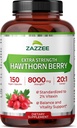 Zazzee Extra Strength Berry Hawthorn 20:1 Extrait, 8000 mg Strength, 2% Vitexin, 150 Capsules Vegan, 5 mois d'approvisionnement, concentré et normalisé Potent 20X Extrait, non-OGM et tout-naturel