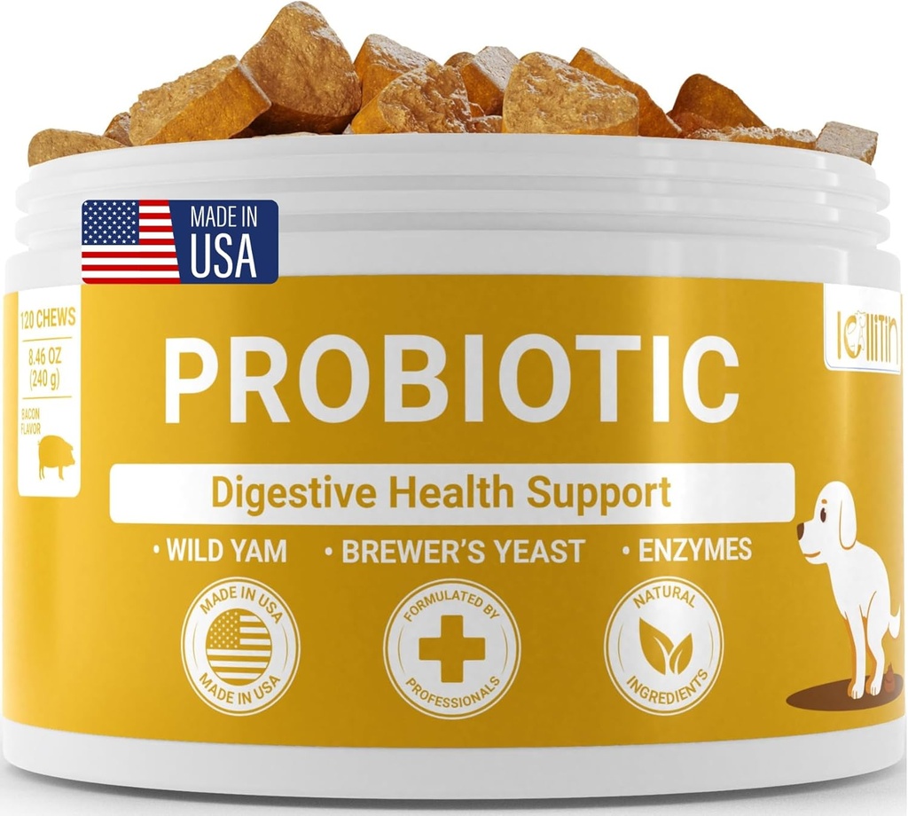 Probiotics for Dogs - Support Gut & Digestive Health, Immune Support - All Nautral Prebiotics, Fiber, Enzymes for Gut Flora - Diarrhea & Bowel Support - Bacon Flavor, 120 Chews, by Lollitin