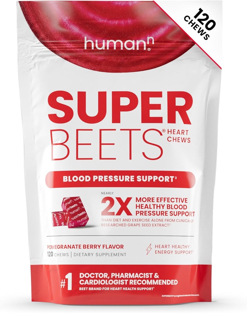 HumanN SuperBeets Heart Chews, Oxyde nitrique et soutien de la pression artérielle, Extrait de graines de raisin et énergie de poudre de racine de betterave non-OGM, Flaveur de baies de grenade, 120 Compte