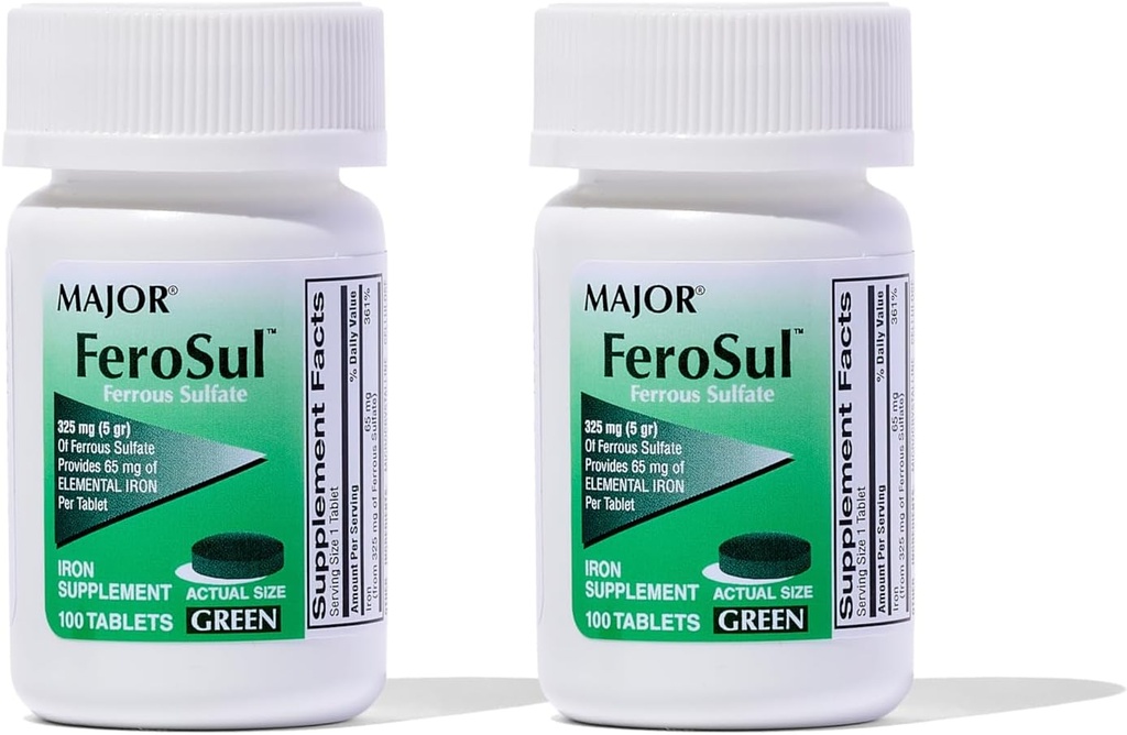 Major Ferosul - Sulfate de fer 325mg Comprimés avec 65mg de fer élémentaire - Supplément de fer pour les femmes, les hommes - Vert - 100 Compte (2 Pack)