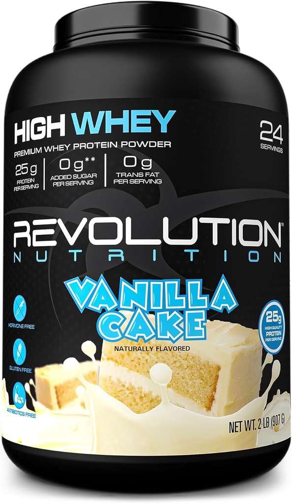 Revolution Nutrition, High Whey, poudre de protéines 2LB, sans gluten, masse musculaire maigre pour les hommes et les femmes, 25g de protéines par scoop, 907 g, 24 portions (Cake de vanille, 2 livres)