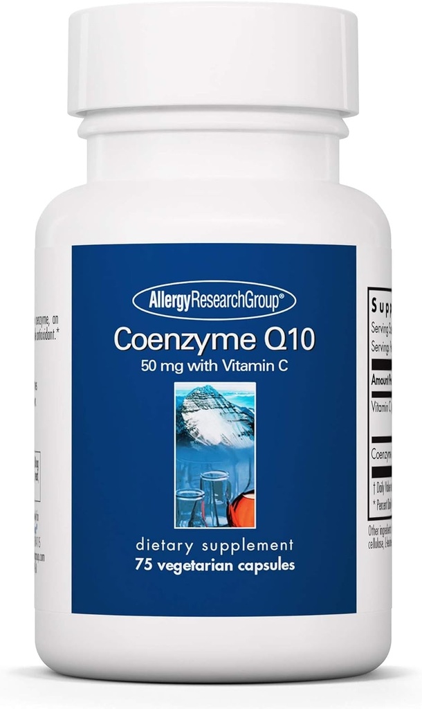 Groupe de recherche sur l'allergie Coenzyme Q10 Supplément - avec vitamine C, santé cardiaque, CoQ10 50mg, Ubiquinol, Antioxydant, Capsules végétariennes - 75 Compte