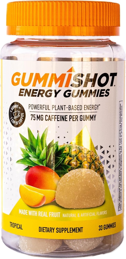 GummiShot Energy Gummies, 2475mg de noix de caféine à base végétale par bouteille, Boosters d'énergie longue durée, Tropical (33ct)