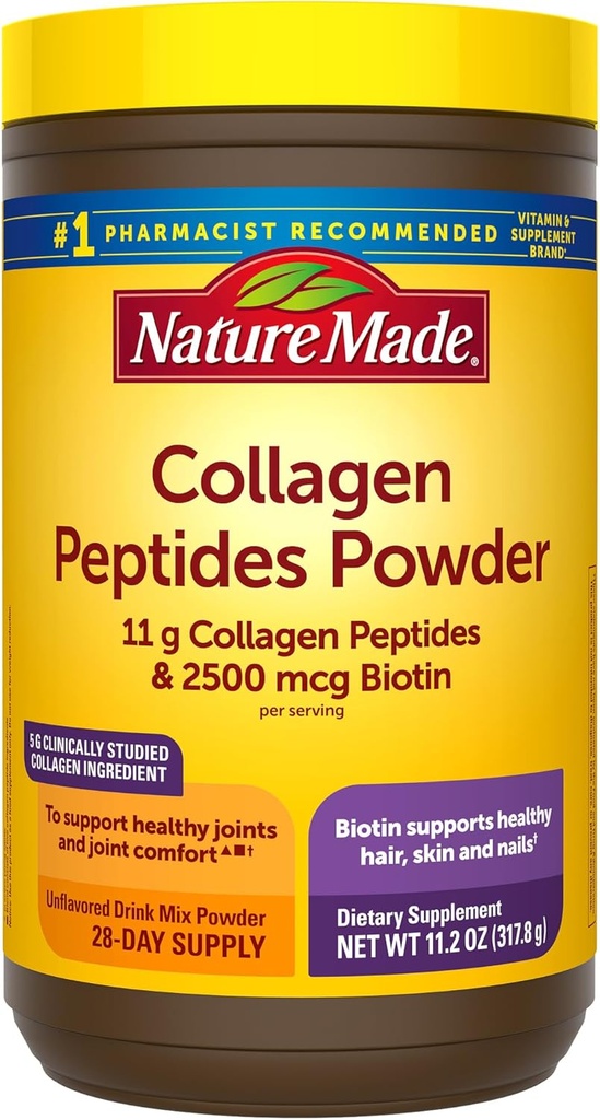 Nature faite Collagen Peptides Poudre de type 1 et 3, soutien joint Collagène Poudre non aromatisée, sans sucre, kéto amical avec la biotine pour les cheveux, la peau et les ongles support, 11.2 oz, 28 jours d'approvisionnement