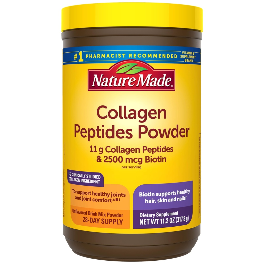 Nature faite Collagen Peptides Poudre de type 1 et 3, soutien joint Collagène Poudre non aromatisée, sans sucre, kéto amical avec la biotine pour les cheveux, la peau et les ongles support, 11.2 oz, 28 jours d'approvisionnement