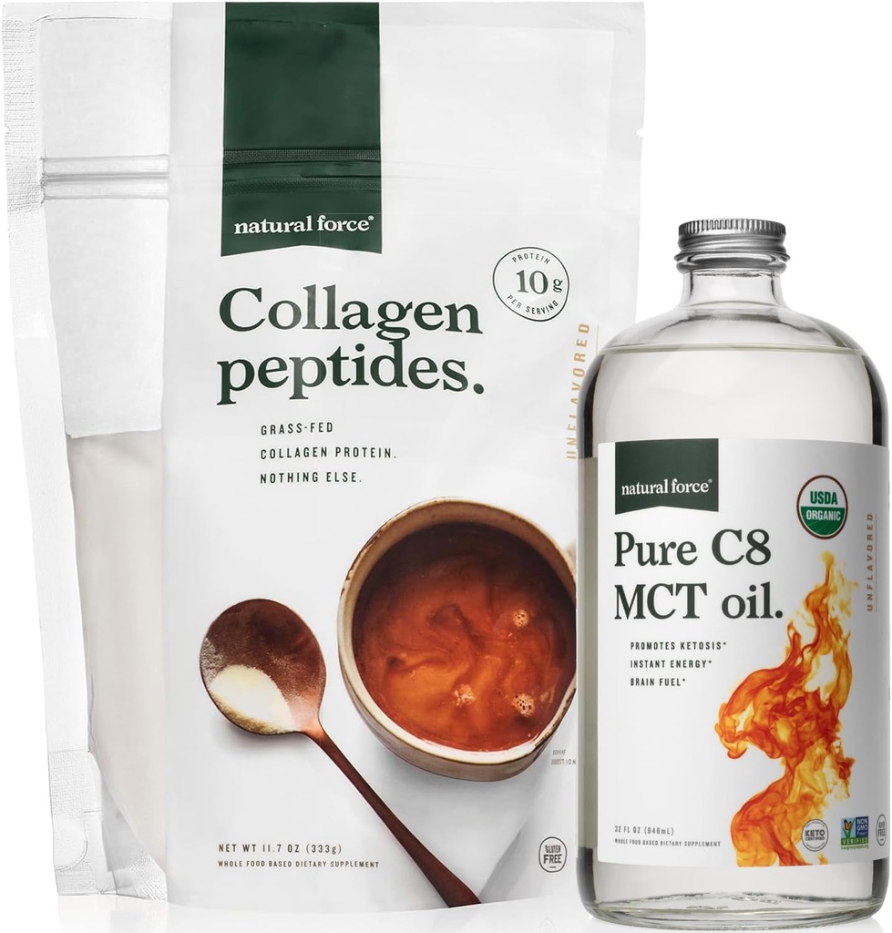 Force naturelle MCT organique Mélange de peptides de collagène à l'huile + graminée – bio, non OGM, 100 % de noix de coco pures MCT et protéines de collagène de type I et III hydrolysées - 16 bouteilles d'Once et 11,7 sacs d'Once