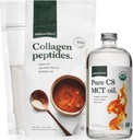 Force naturelle MCT organique Mélange de peptides de collagène à l'huile + graminée – bio, non OGM, 100 % de noix de coco pures MCT et protéines de collagène de type I et III hydrolysées - 16 bouteilles d'Once et 11,7 sacs d'Once