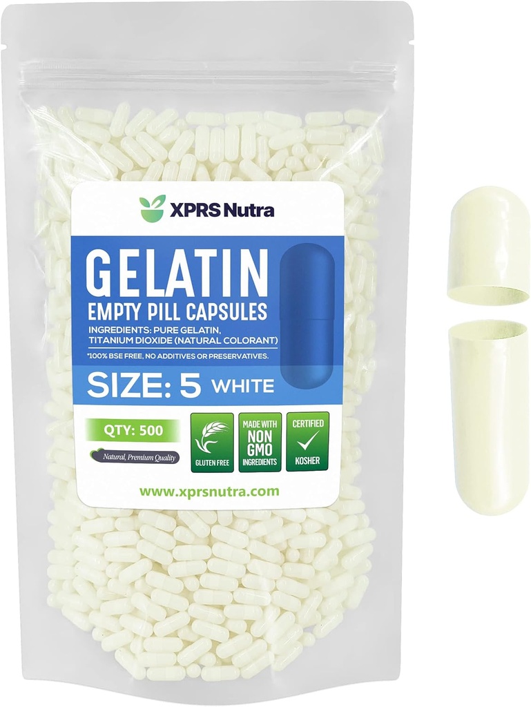 XPRS Nutra Taille 5 Capsules vides - 500 Compter Capsules de gélatine vides très petites - Pills Bricolage Capsule Remplissage - Gel de pilules rechargeables pour Do-It-Youlf Vitamine Suppléments (White)