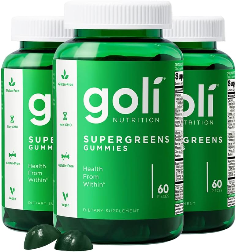 Goli SuperGreen Vitamine Gummy - 180 Compte - Vitamines et minéraux essentiels - à base végétale, végétalien, sans gluten et sans gélatine - Santé de l'intérieur, boîte de 3